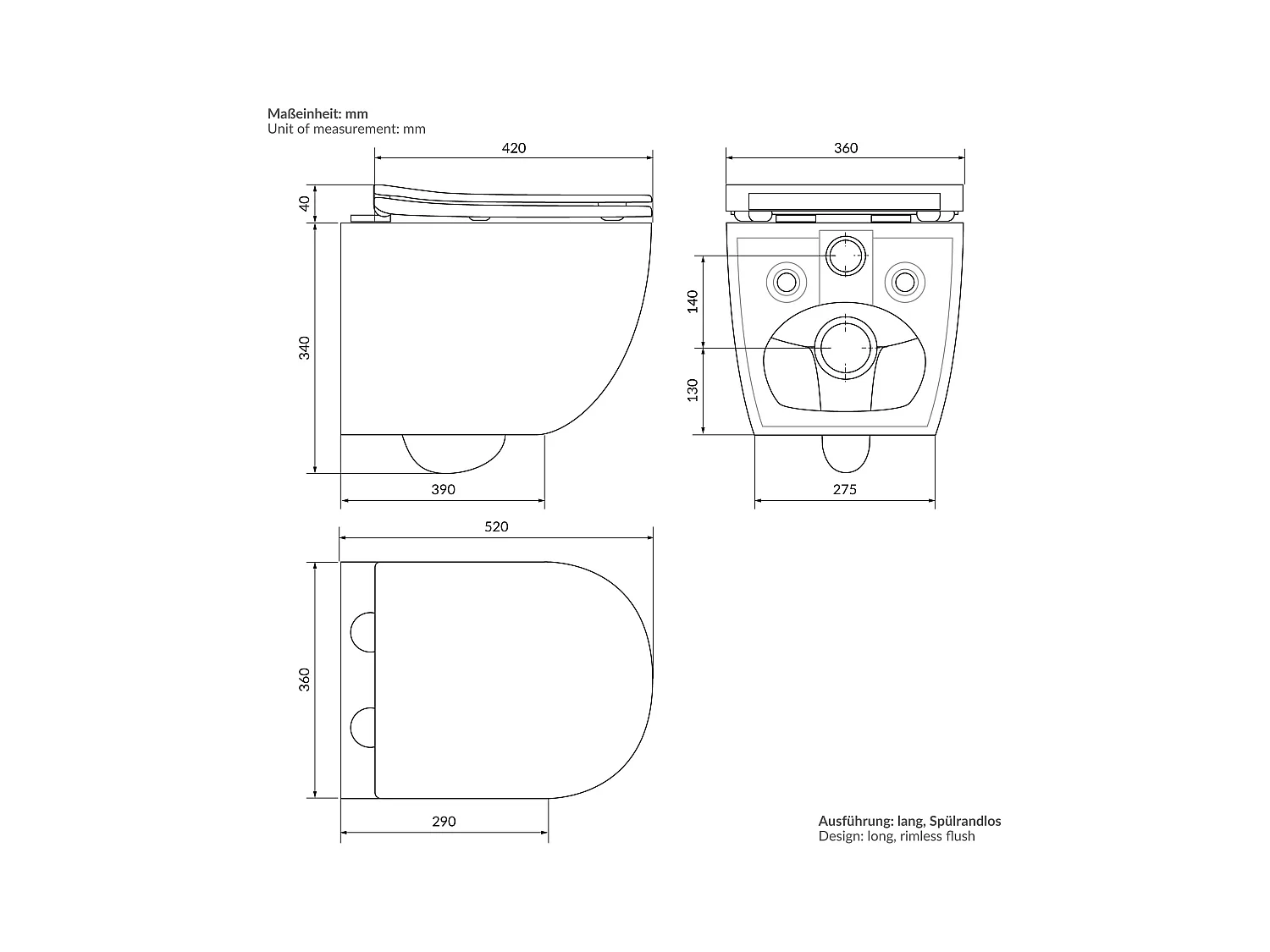 ECD Germany Inodoro suspendido sin borde de cerámica blanco, revestimiento Nano, inodoro suspendido de pared de 52 cm de largo, con asiento Softclose