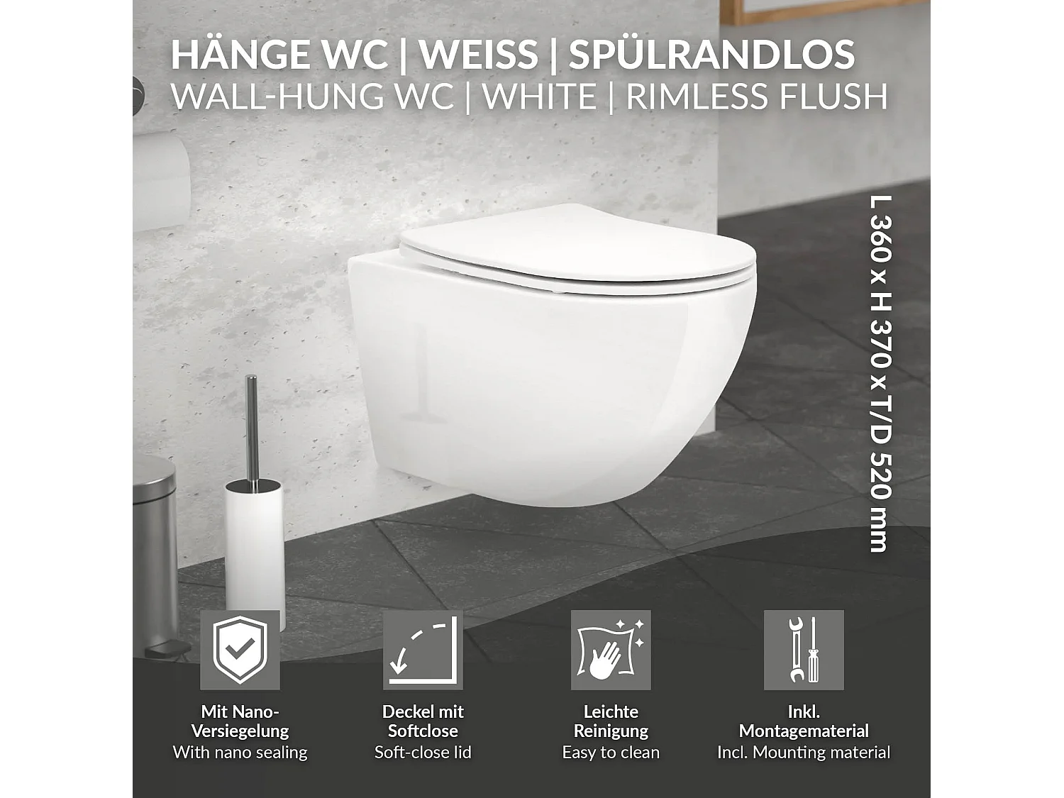 ECD Germany WC sospeso senza bordo in ceramica bianca, rivestimento nano, WC sospeso a parete lungo 52 cm, con sedile softclose silenzioso, scarico