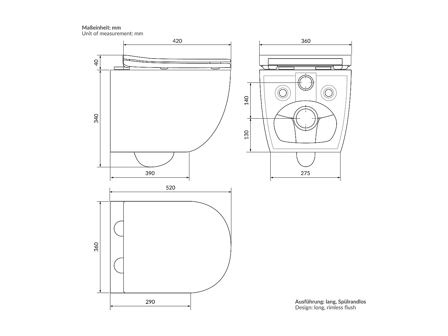 ECD Germany WC sospeso senza bordo in ceramica bianca, rivestimento nano, WC sospeso a parete lungo 52 cm, con sedile softclose silenzioso, scarico