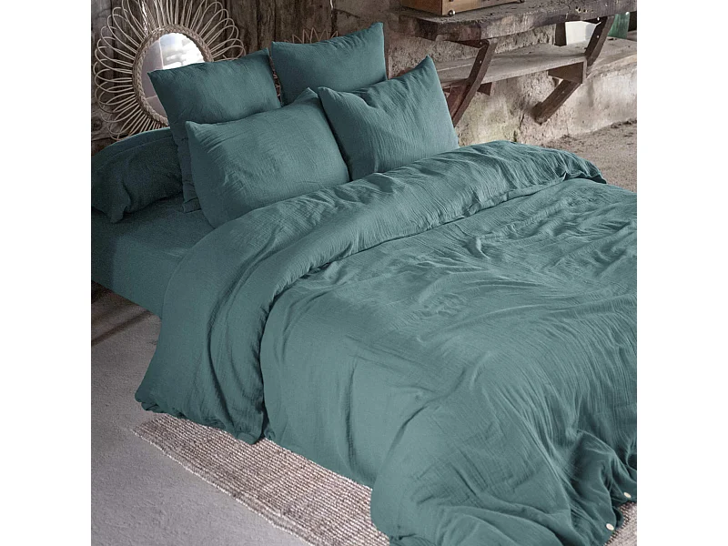 Parure de lit 240x220 double gaze de coton bleu canard Terre de Nuit