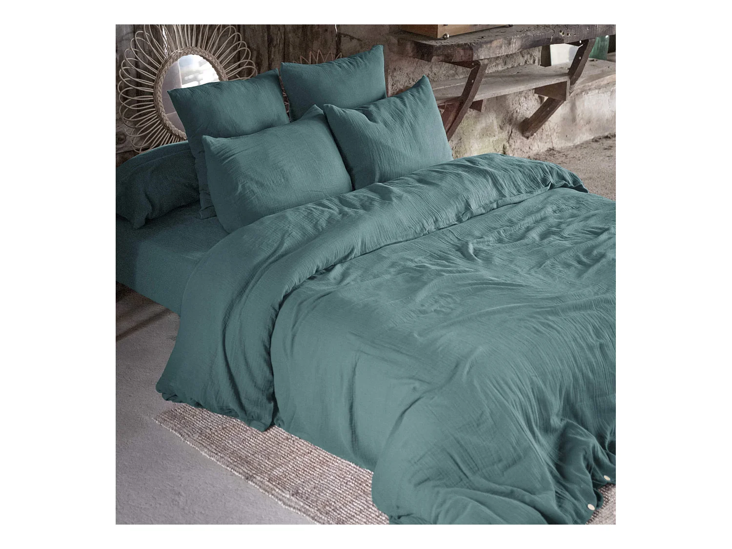 Parure de lit 240x220 double gaze de coton bleu canard Terre de Nuit