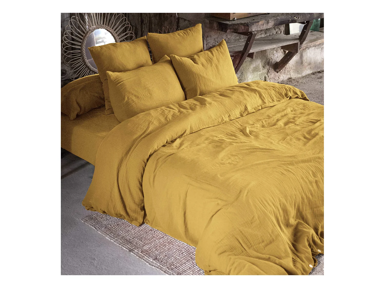 Parure de lit 200x200 double gaze de coton jaune safran Terre de Nuit
