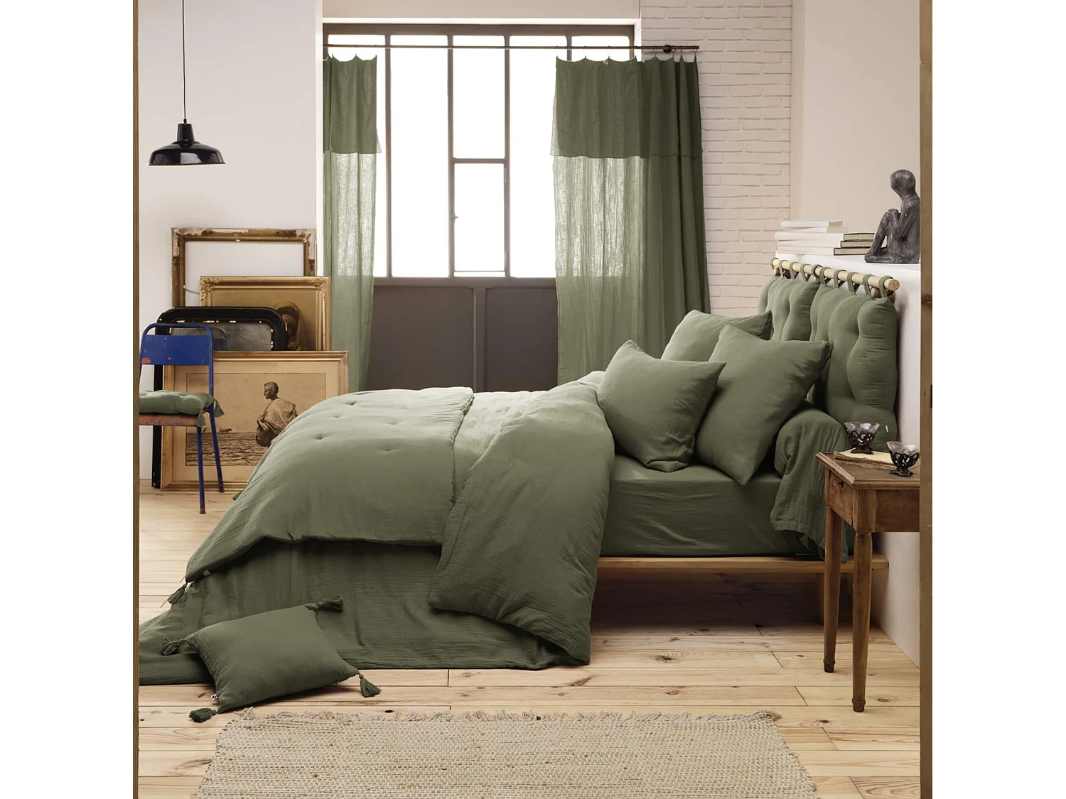 Parure de lit 200x200 double gaze de coton kaki Terre de Nuit