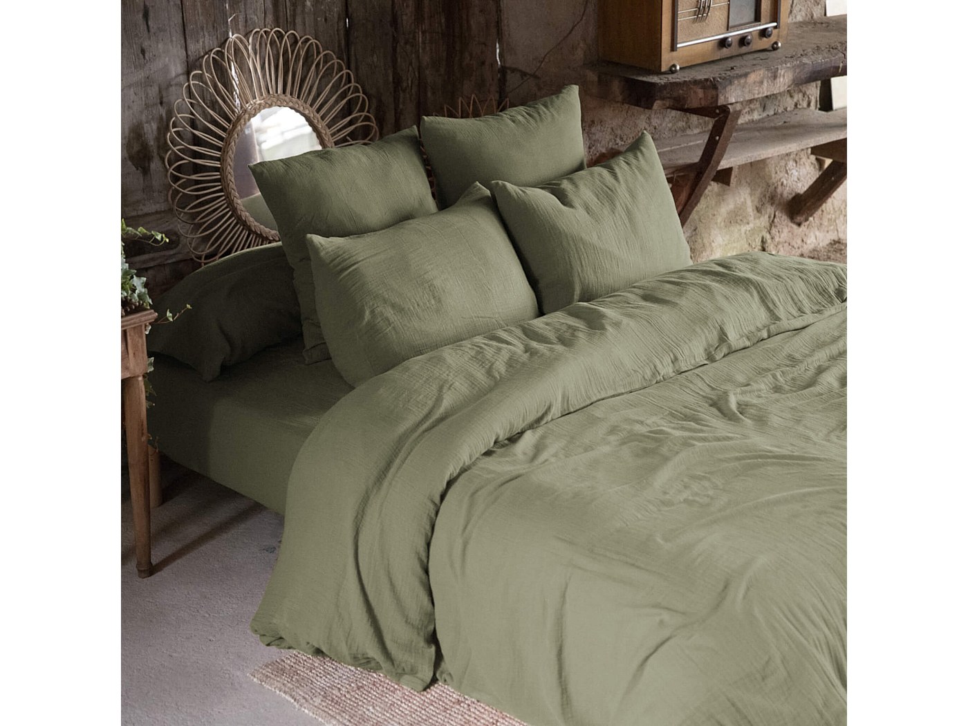 Drap Housse 90x190 Cm En Gaze De Coton - Couleur Kaki, Bonnet 30 Cm, Tissage 57 Fils/cm², Marque Terre De Nuit
