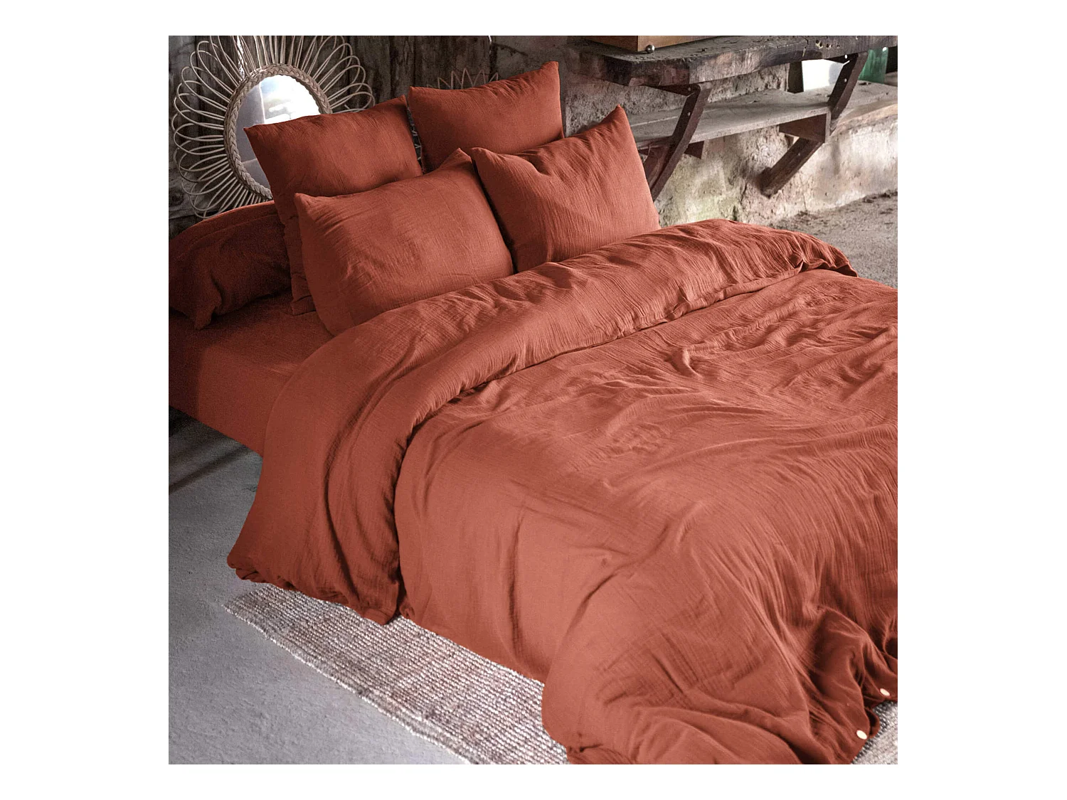 Parure de lit double gaze de coton orange terracotta 260x240 cm