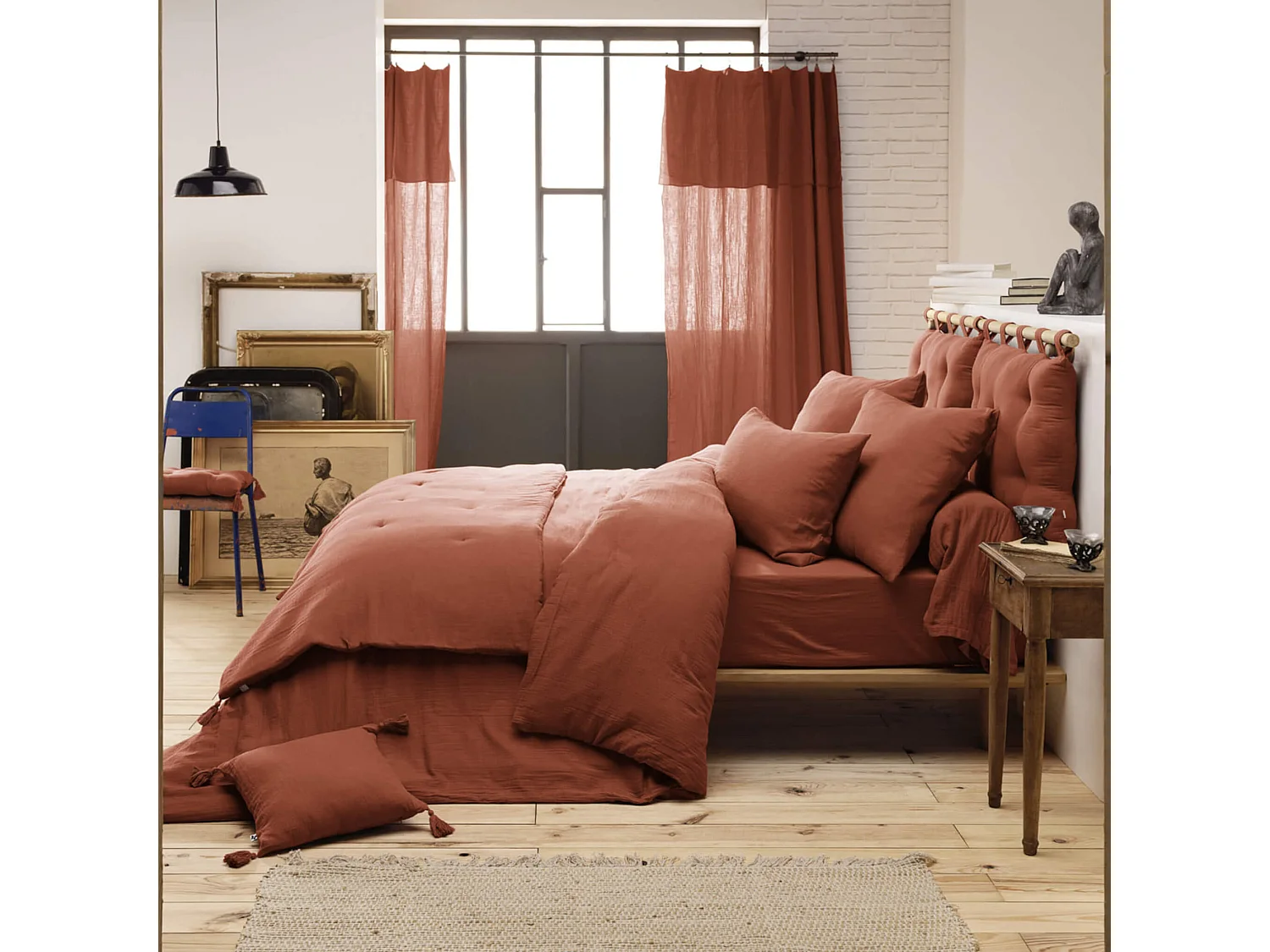 Parure de lit double gaze de coton orange terracotta 260x240 cm