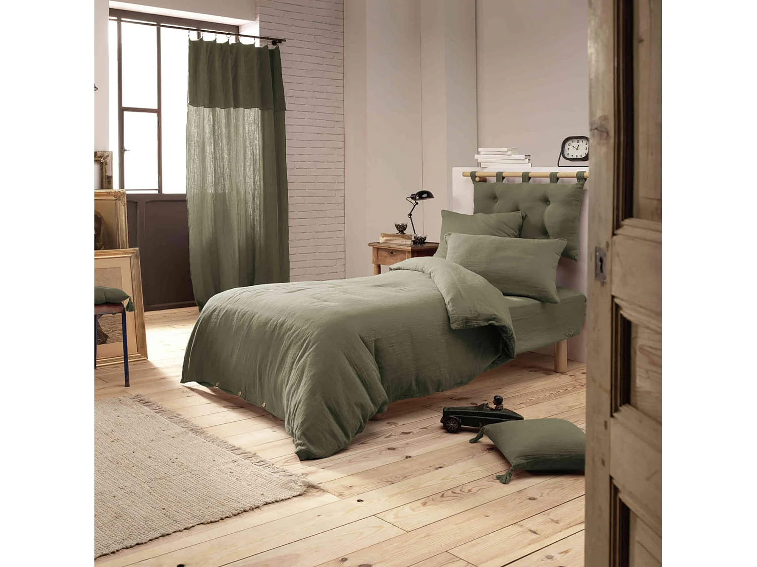 Parure de lit 240x220 double gaze de coton kaki Terre de Nuit