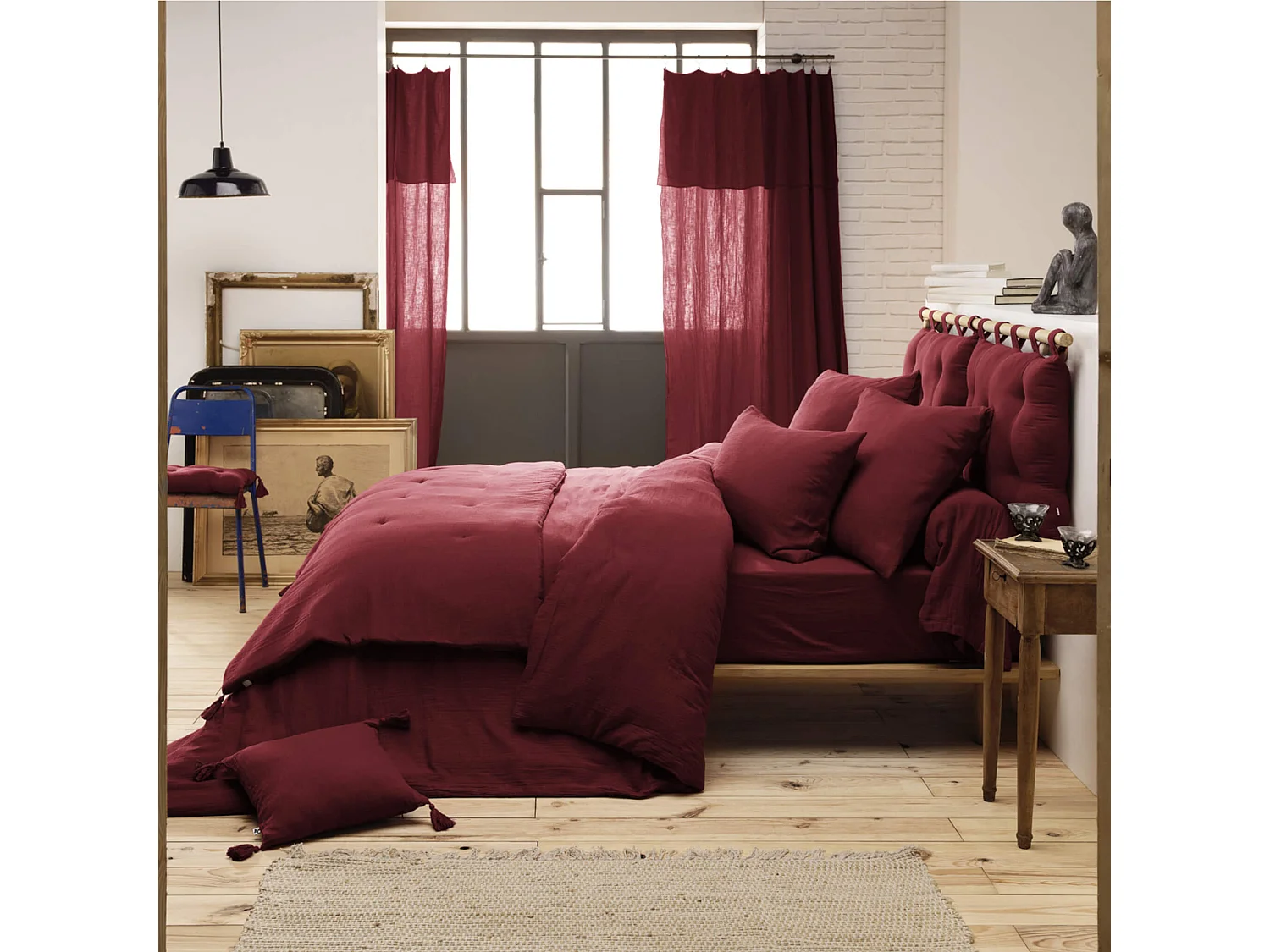 Parure de lit 140x200 double gaze de coton bordeaux Terre de Nuit