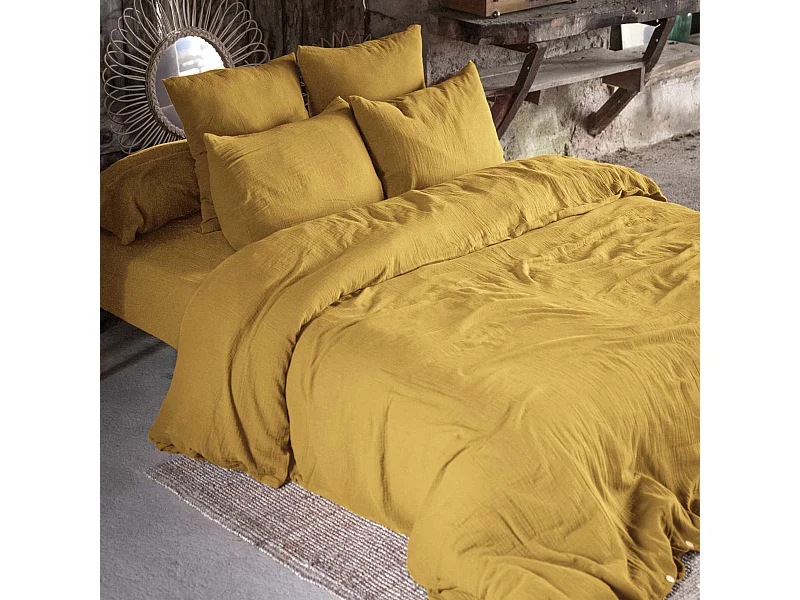 Parure de lit 260x240 double gaze de coton jaune safran Terre de Nuit