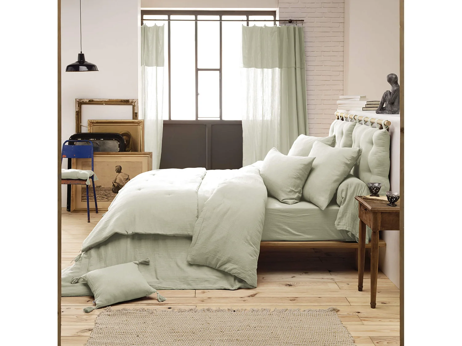 Parure de lit 240x220 double gaze de coton vert d'eau Terre de Nuit