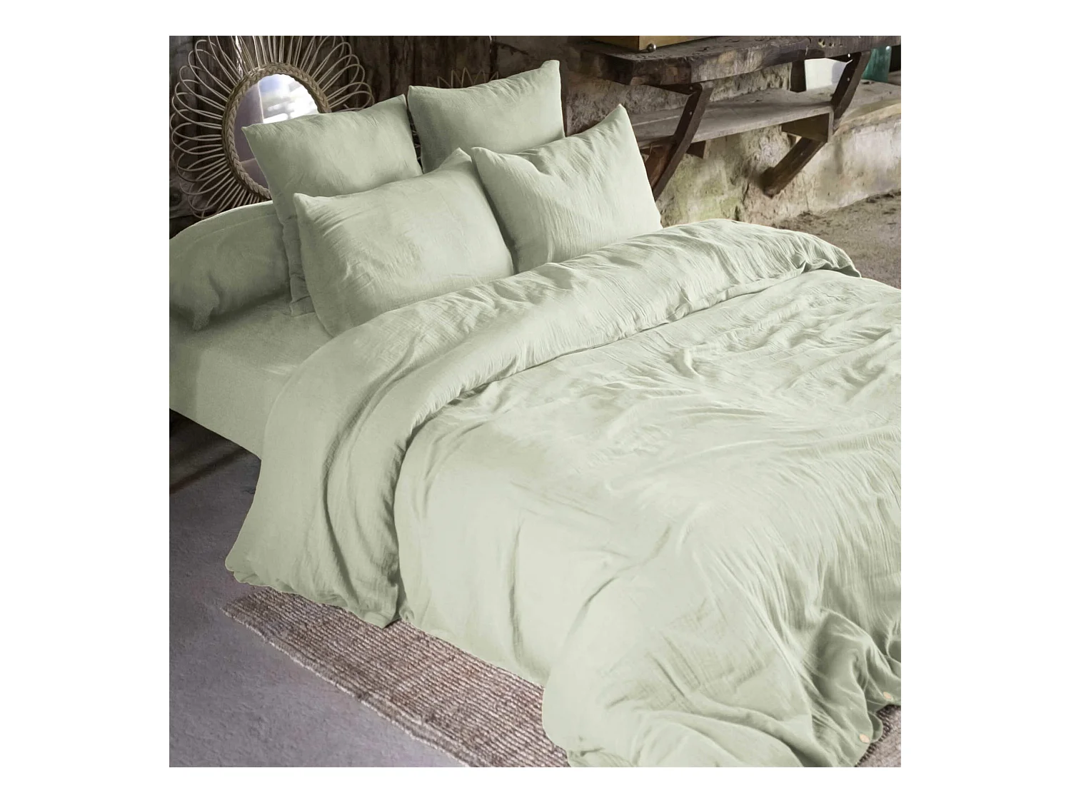 Parure de lit 200x200 double gaze de coton vert d'eau Terre de Nuit