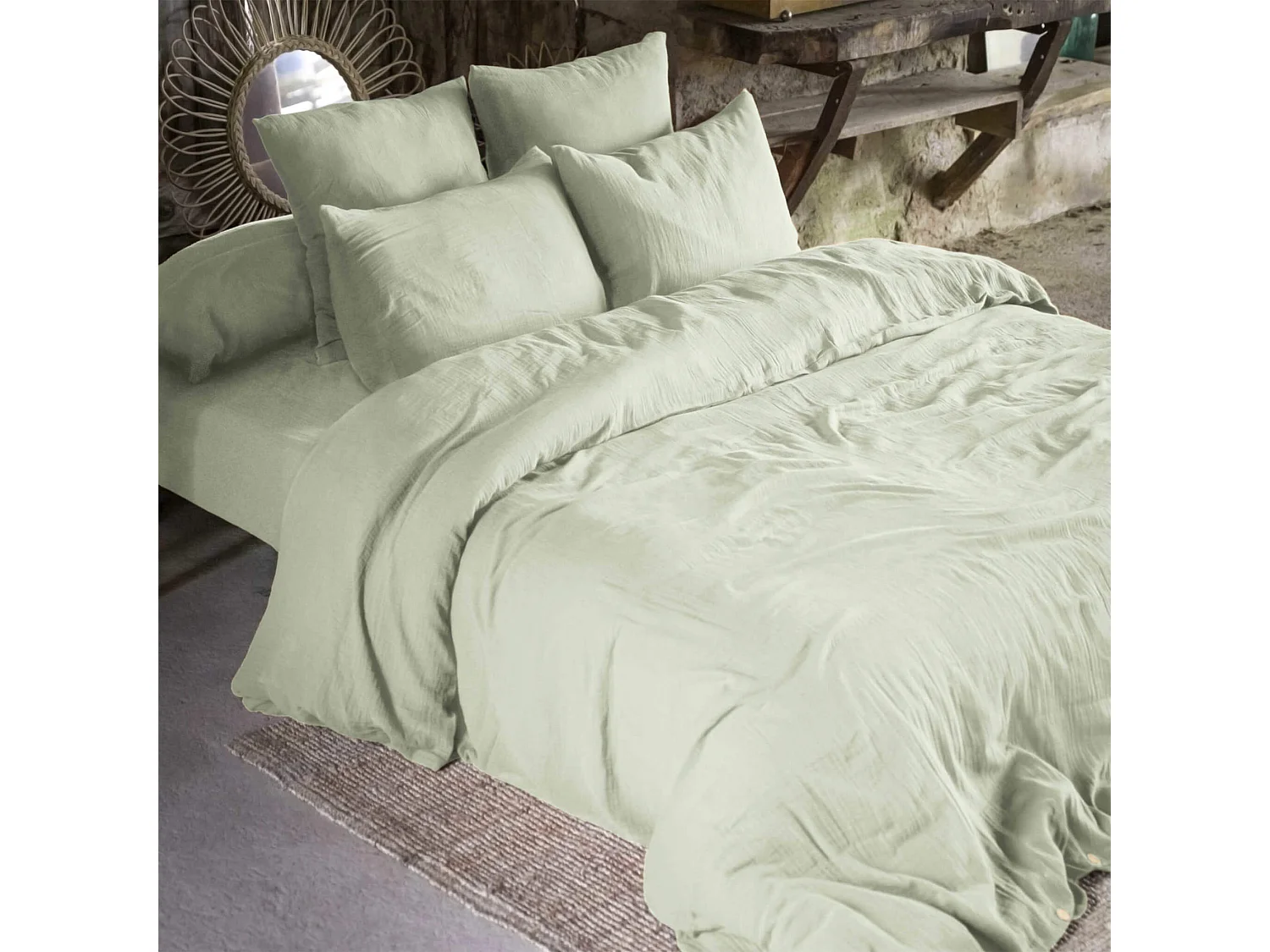 Parure de lit 200x200 double gaze de coton vert d'eau Terre de Nuit