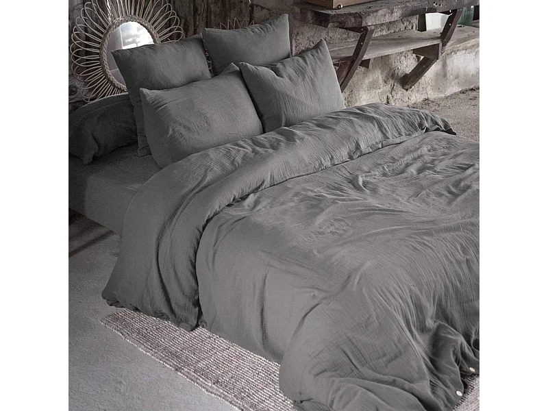 Parure de lit 140x200 double gaze de coton gris anthracite Terre de Nuit