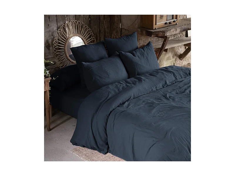 Parure de lit 240x220 double gaze de coton marine Terre de Nuit