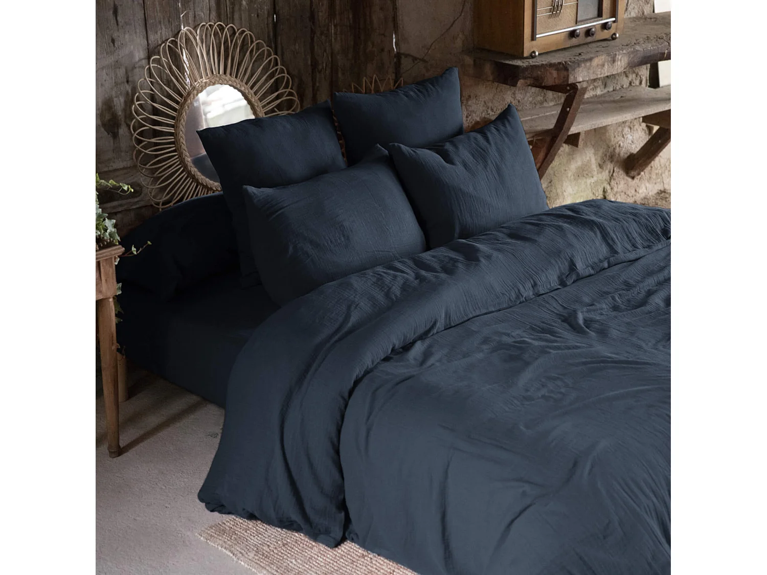 Parure de lit 240x220 double gaze de coton marine Terre de Nuit