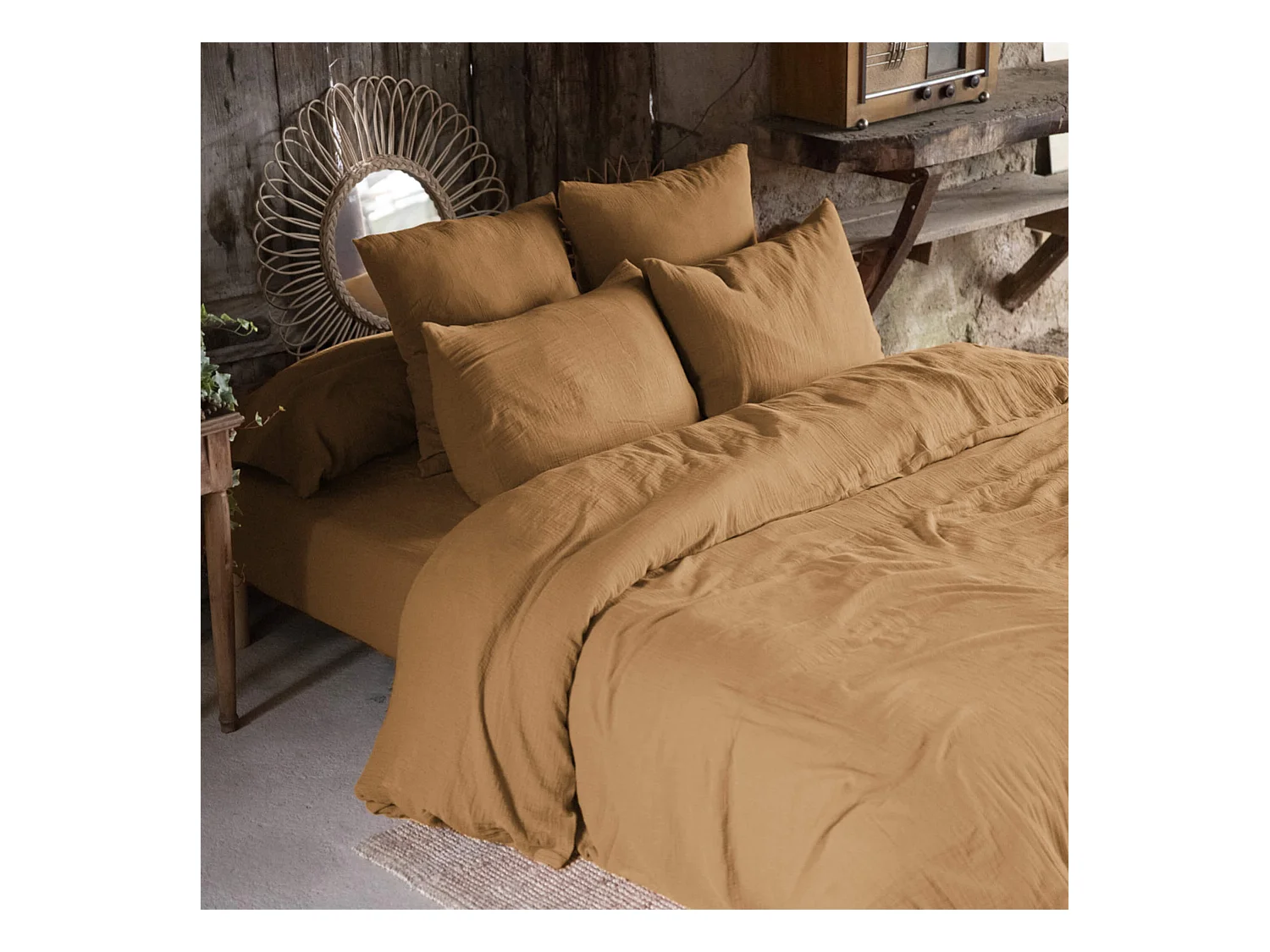 Parure de lit 200x200 double gaze de coton marron Terre de Nuit