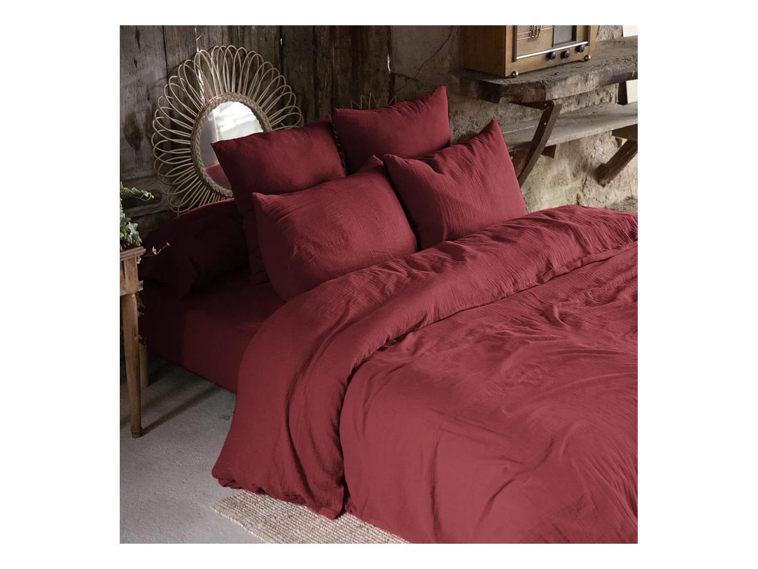 Parure de lit 240x220 double gaze de coton bordeaux Terre de Nuit
