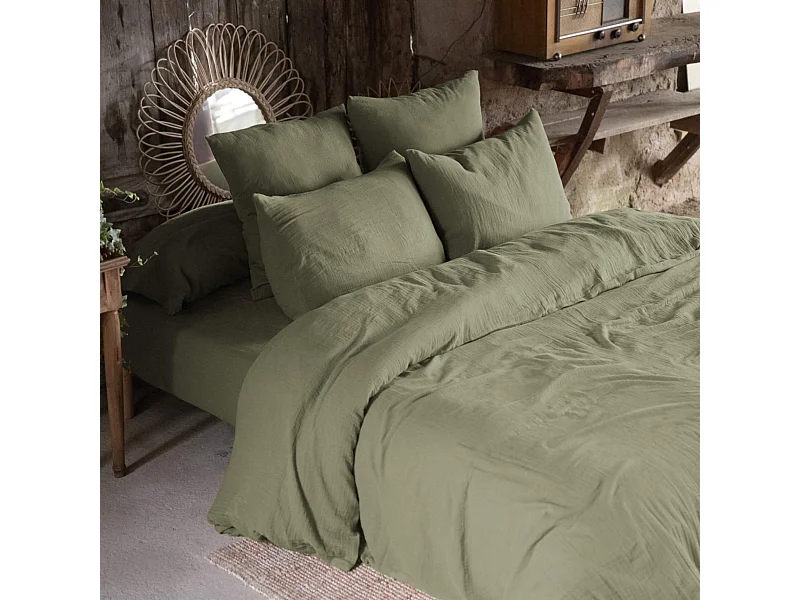 Parure de lit 140x200 double gaze de coton kaki Terre de Nuit