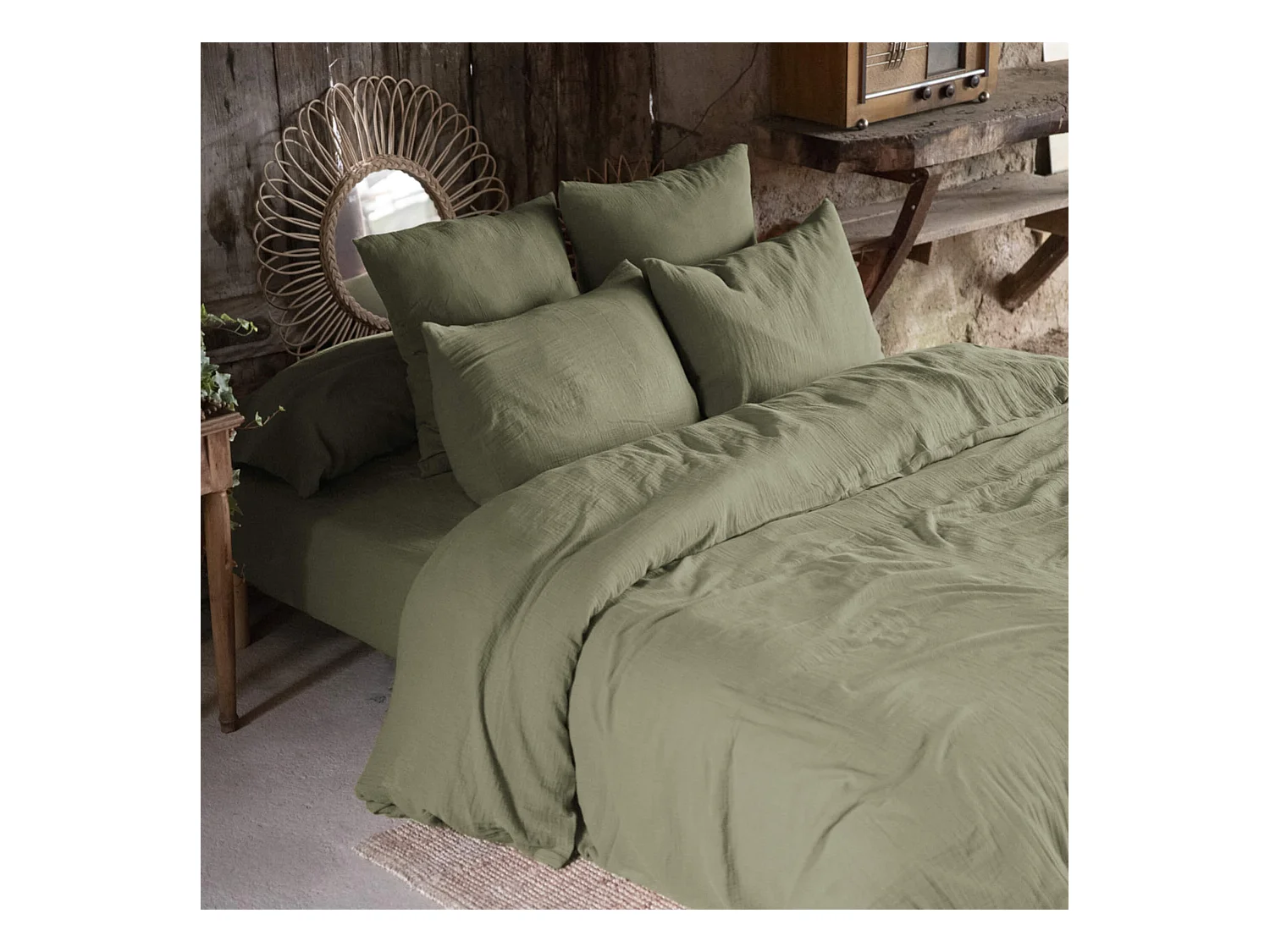 Parure de lit 140x200 double gaze de coton kaki Terre de Nuit