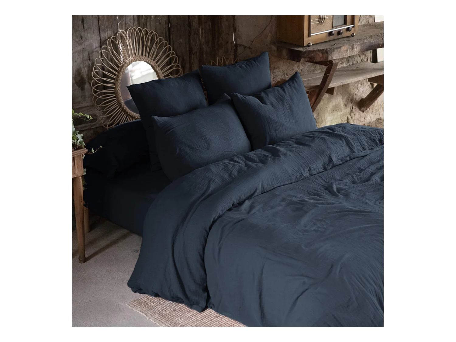 Parure de lit 140x200 double gaze de coton marine Terre de Nuit