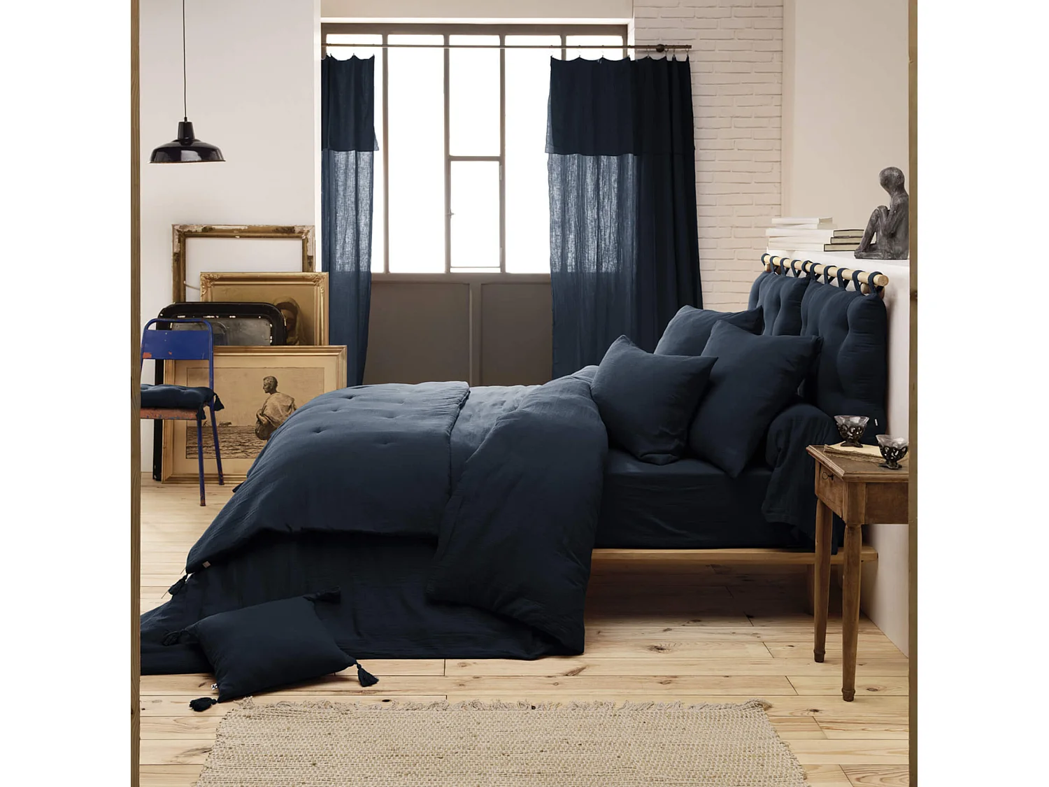 Parure de lit 140x200 double gaze de coton marine Terre de Nuit