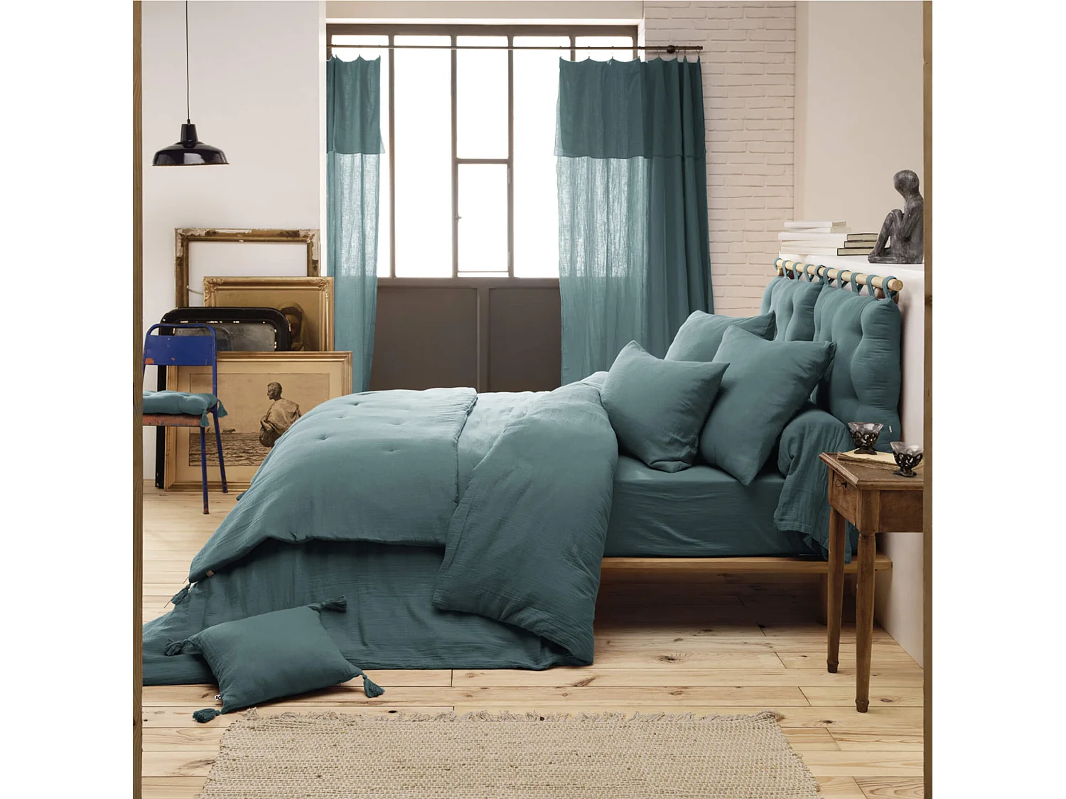 Parure de lit 200x200 double gaze de coton bleu canard Terre de Nuit