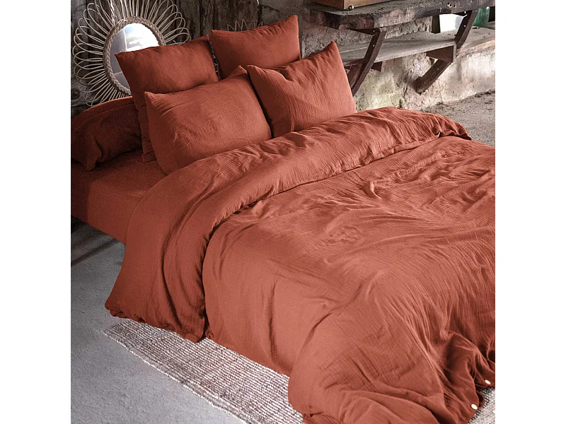 Parure de lit 140x200 double gaze de coton orange terracotta Terre de Nuit
