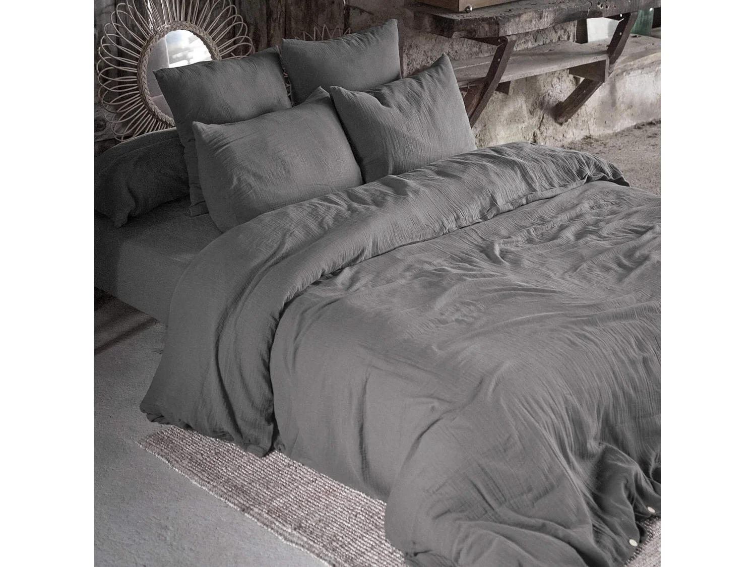 Parure de lit 200x200 double gaze de coton gris anthracite Terre de Nuit