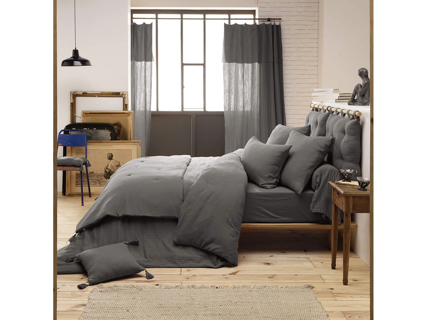 Parure de lit 200x200 double gaze de coton gris anthracite Terre de Nuit