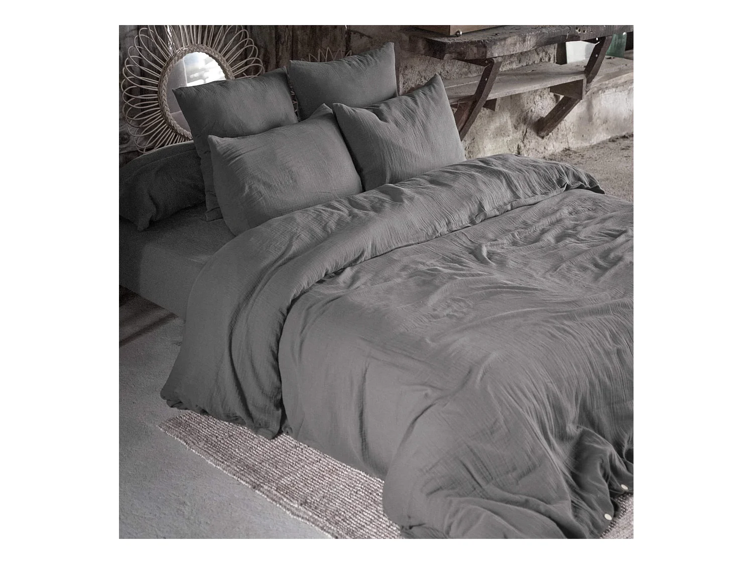 Parure de lit 260x240 double gaze de coton gris anthracite Terre de Nuit