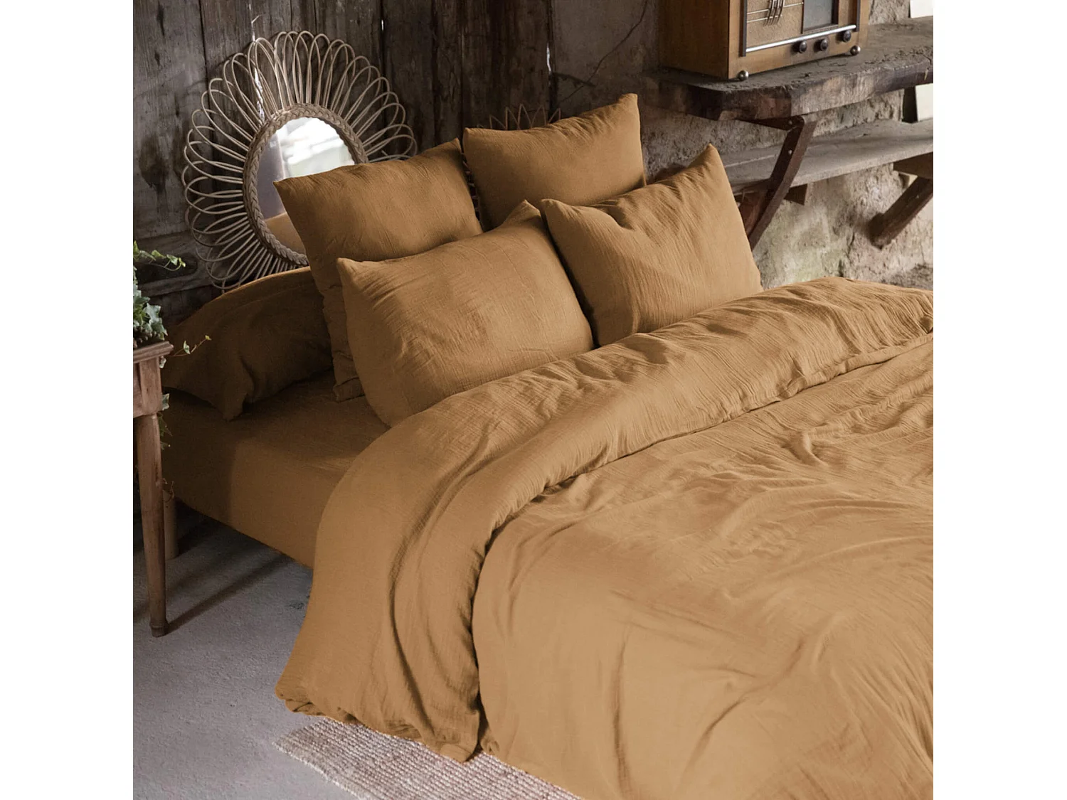 Parure de lit 260x240 double gaze de coton marron Terre de Nuit