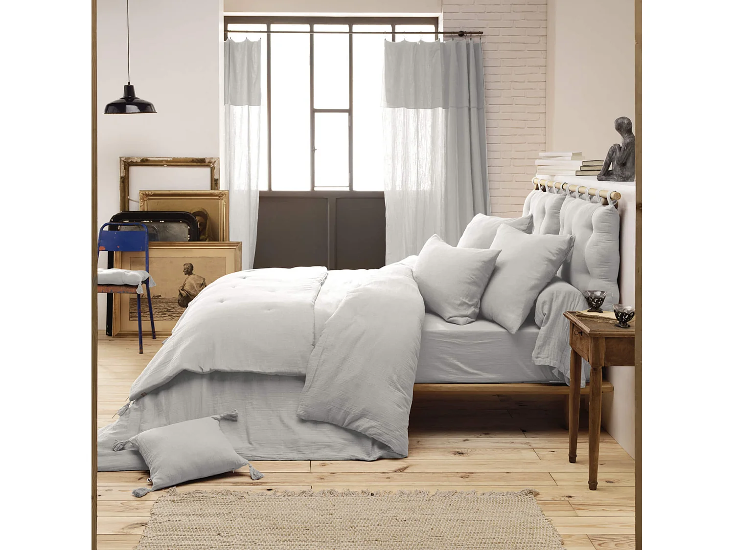 Parure de lit 260x240 double gaze de coton gris Terre de Nuit