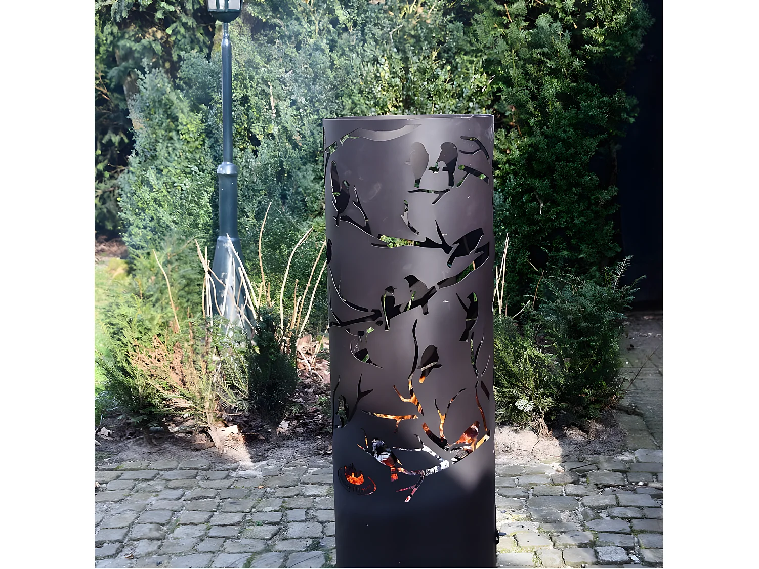 Brasero cylindre découpe laser 39 x 117 cm Découpe oiseaux