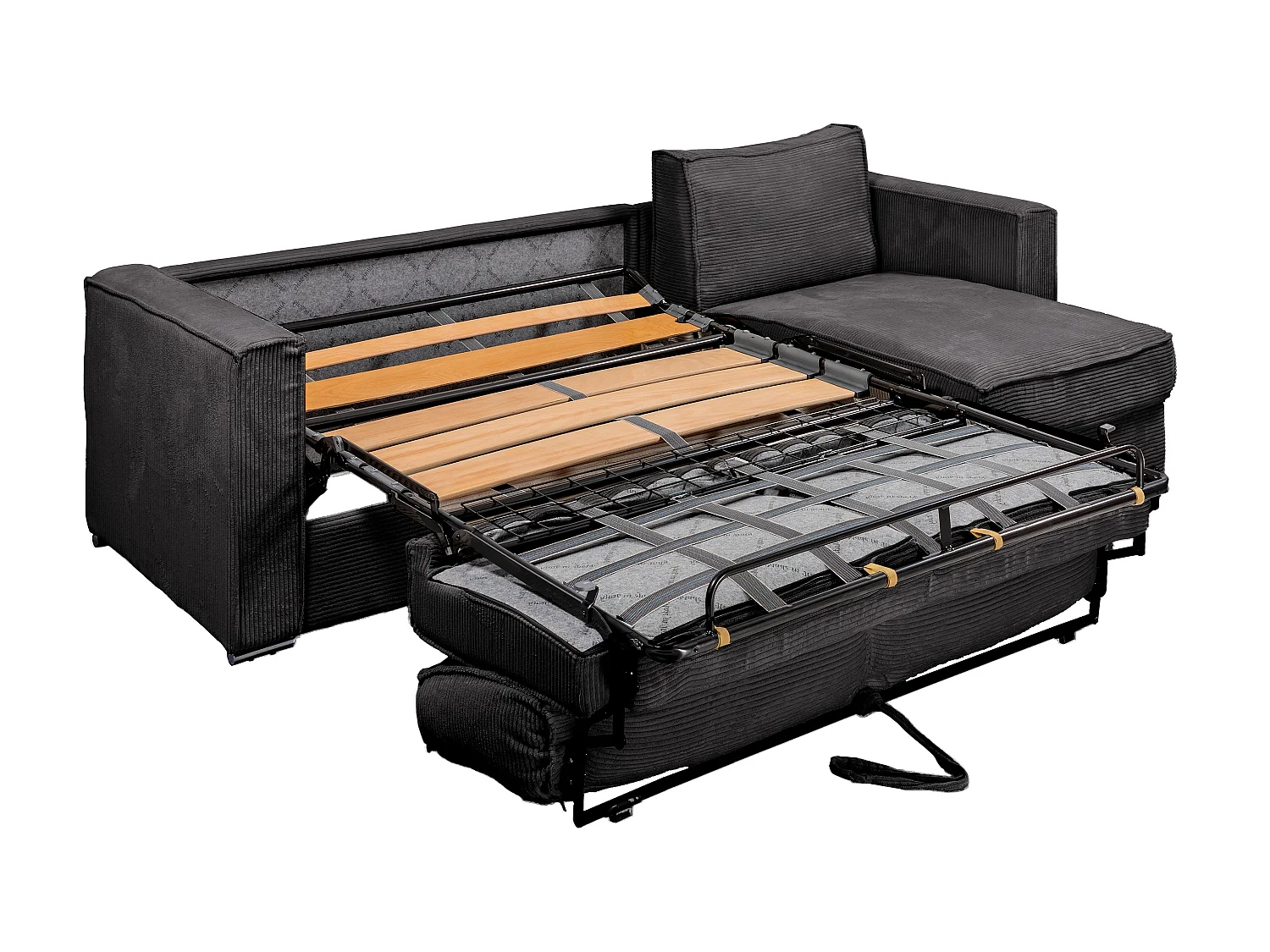 Canapé d'angle convertible express et réversible en velours côtelé gris anthracite - Couchage à lattes larges 140 cm - Matelas 14 cm LORETO