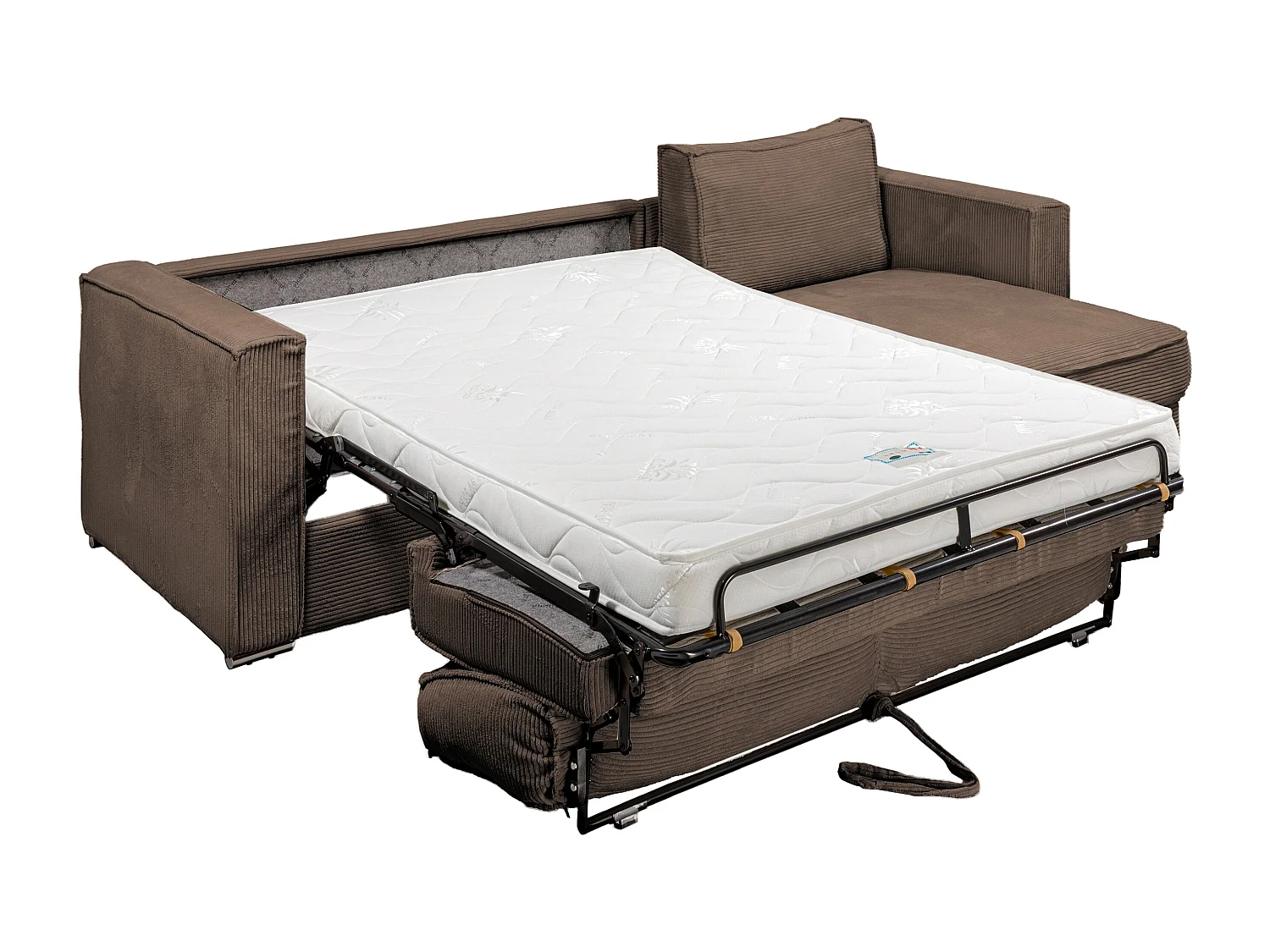 Omkeerbare express-hoekslaapbank van bruin ribfluweel - Bed 140 cm - Matras 14 cm LORETO