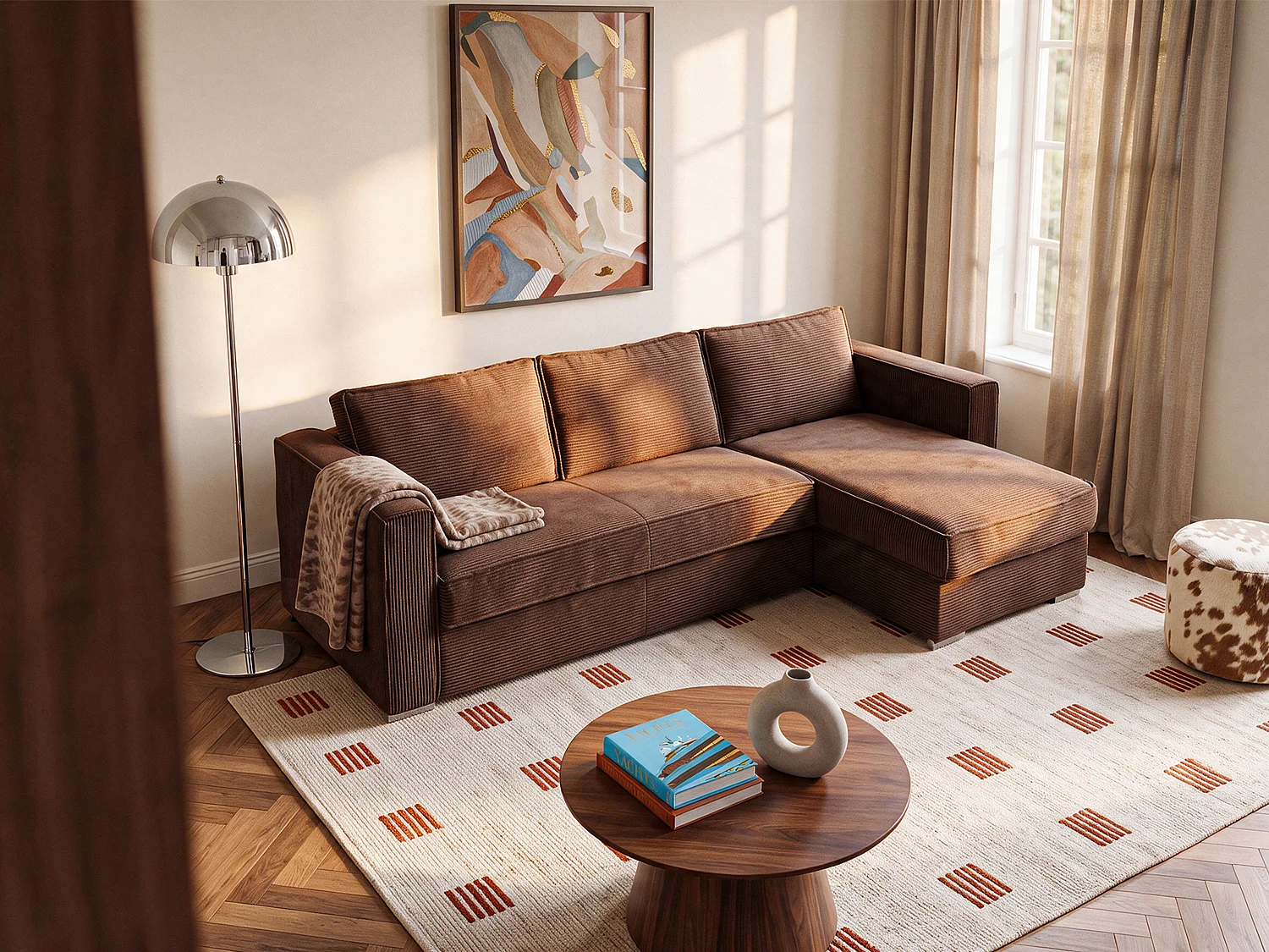 Eckschlafsofa mit Matratze - Ecke wechselbar - Cord - Braun - Liegefläche 140 cm - Matratze 14 cm - LORETO