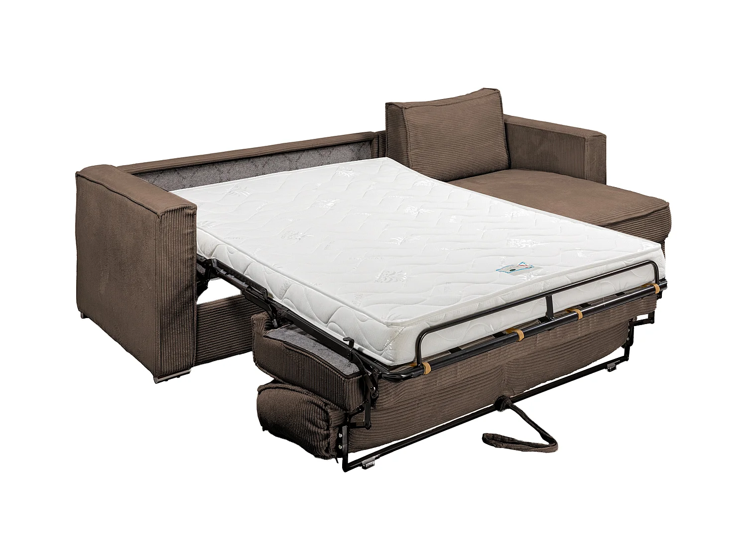 Vendbar ekspressofa med hjørne i brun jernbanefløjl - Sengeramme med brede lameller 140 cm - Madras 14 cm LORETO