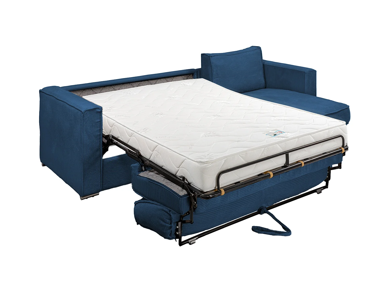 Eckschlafsofa mit Matratze - Ecke wechselbar - Cord - Dunkelblau - Liegefläche mit Lattenrost mit breiten Latten 140 cm - Matratze 18 cm - LORETO