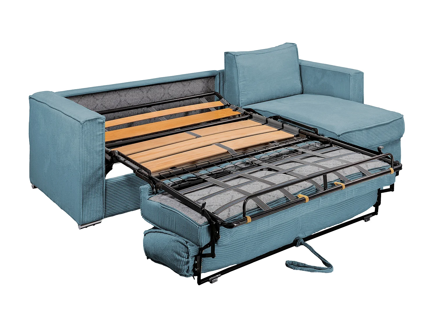 Omkeerbare express-hoekslaapbank van turquoise ribfluweel - Bed met brede latten 140 cm - Matras 18 cm LORETO