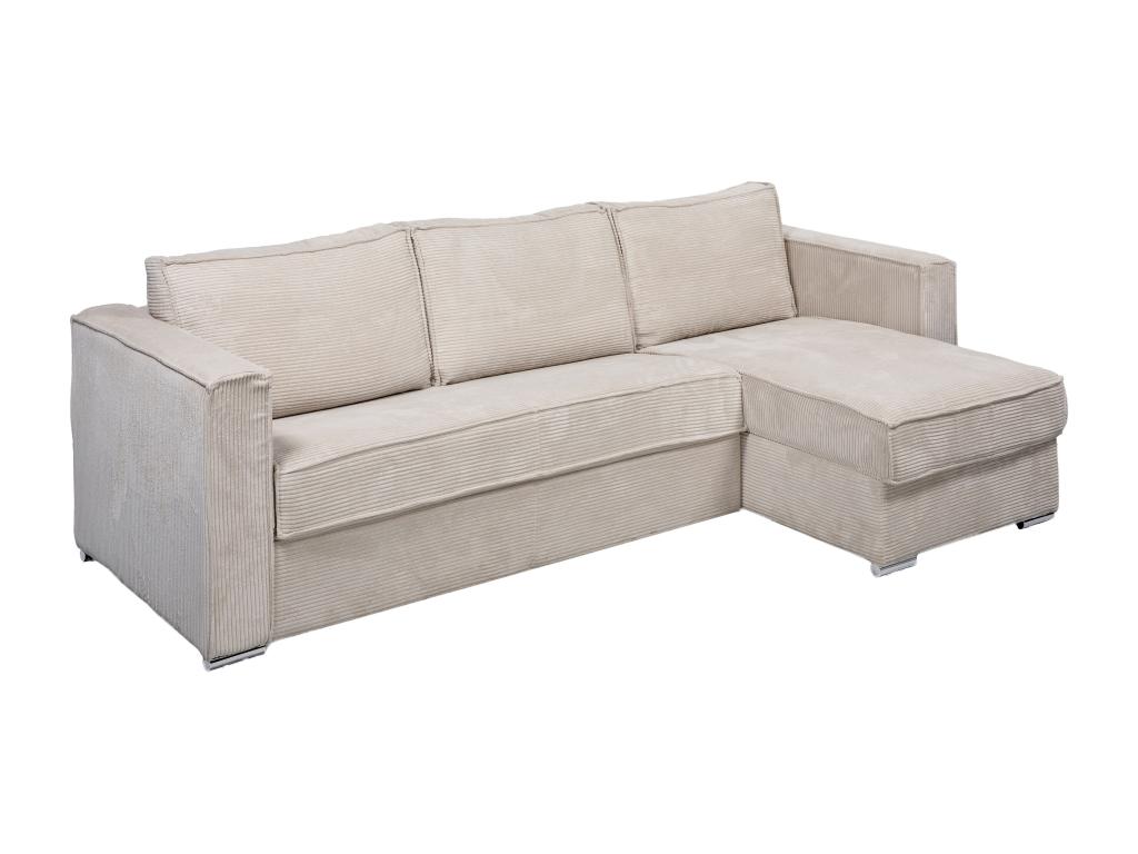 Canapé d'angle convertible express et réversible en velours côtelé beige - Couchage à lattes larges 140 cm - Matelas 18 cm LORETO