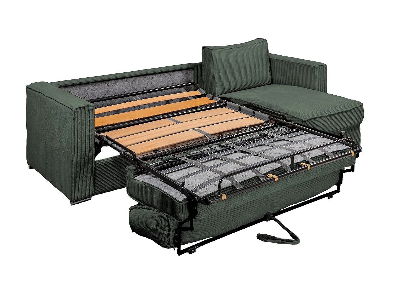 Reversible Express Convertible Corner Sofa in Green Corduroy Velvet - Wide Slat Sleeping Surface 140 cm - 18 cm Mattress LORETO