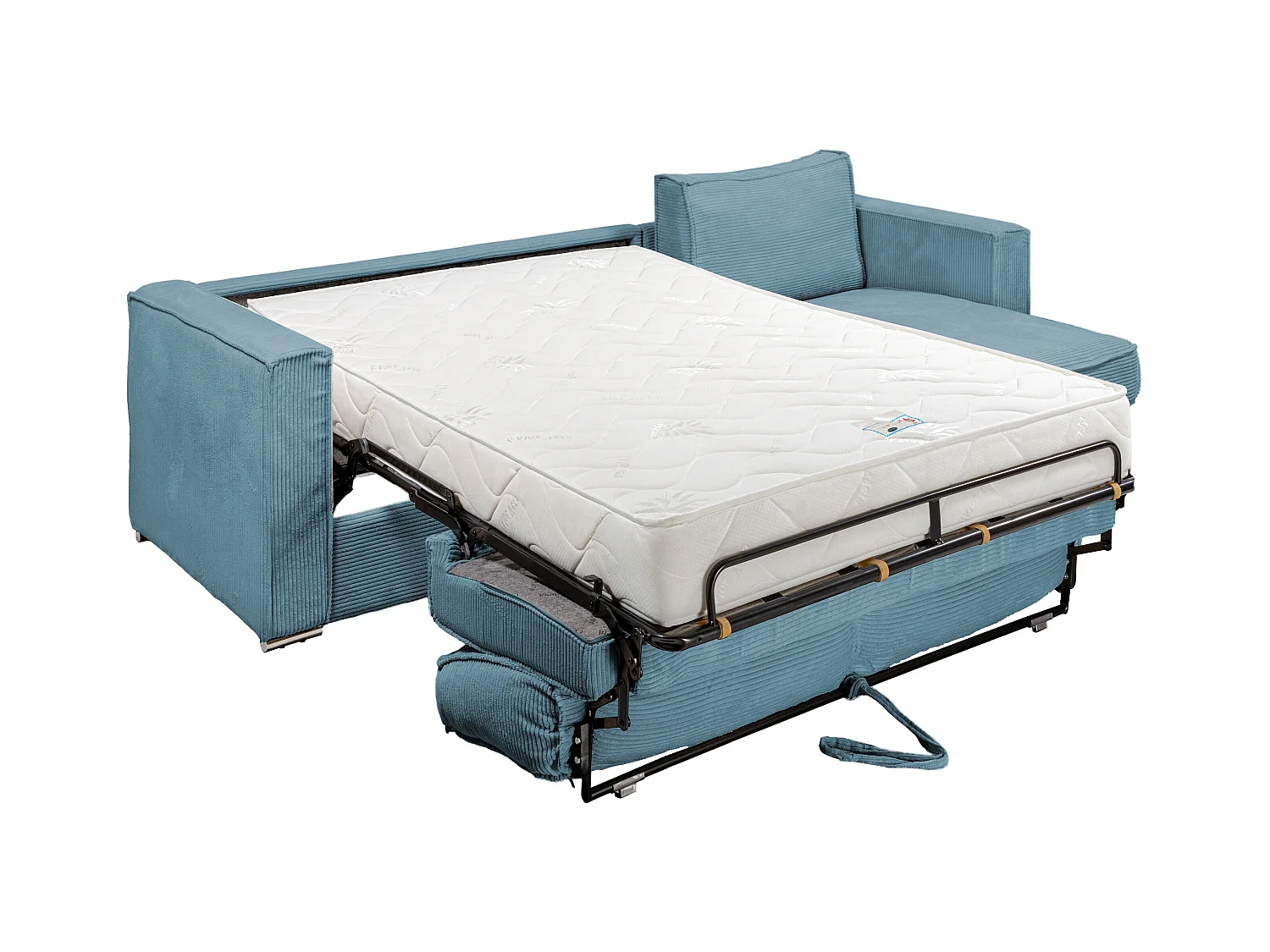 Canapé d'angle convertible express et réversible en velours côtelé bleu turquoise - Couchage 140 cm - Matelas 22 cm avec mémoire de forme LORETO