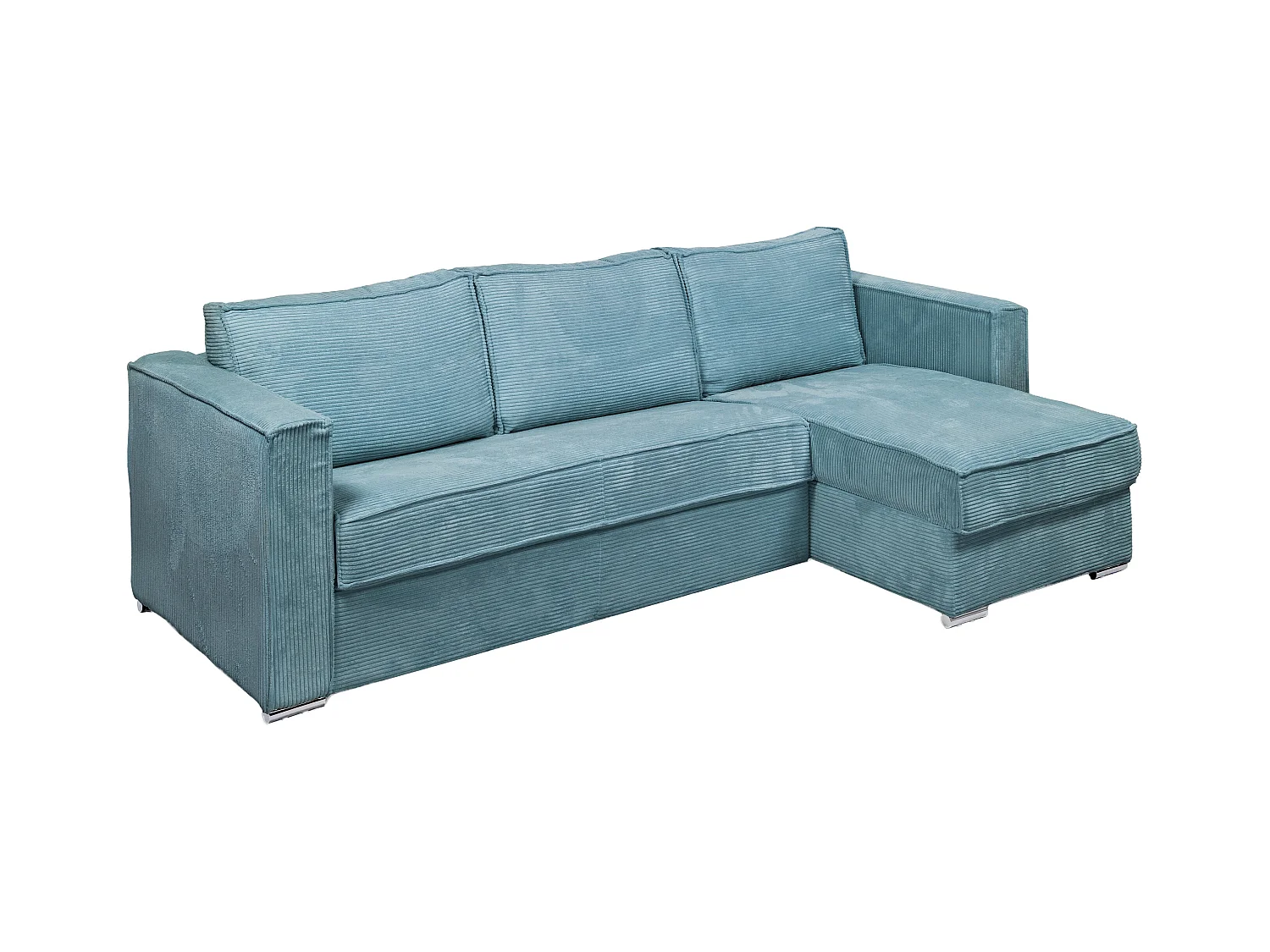 Canapé d'angle convertible express et réversible en velours côtelé bleu turquoise - Couchage à lattes larges 140 cm - Matelas 22 cm avec mémoire de forme LORETO