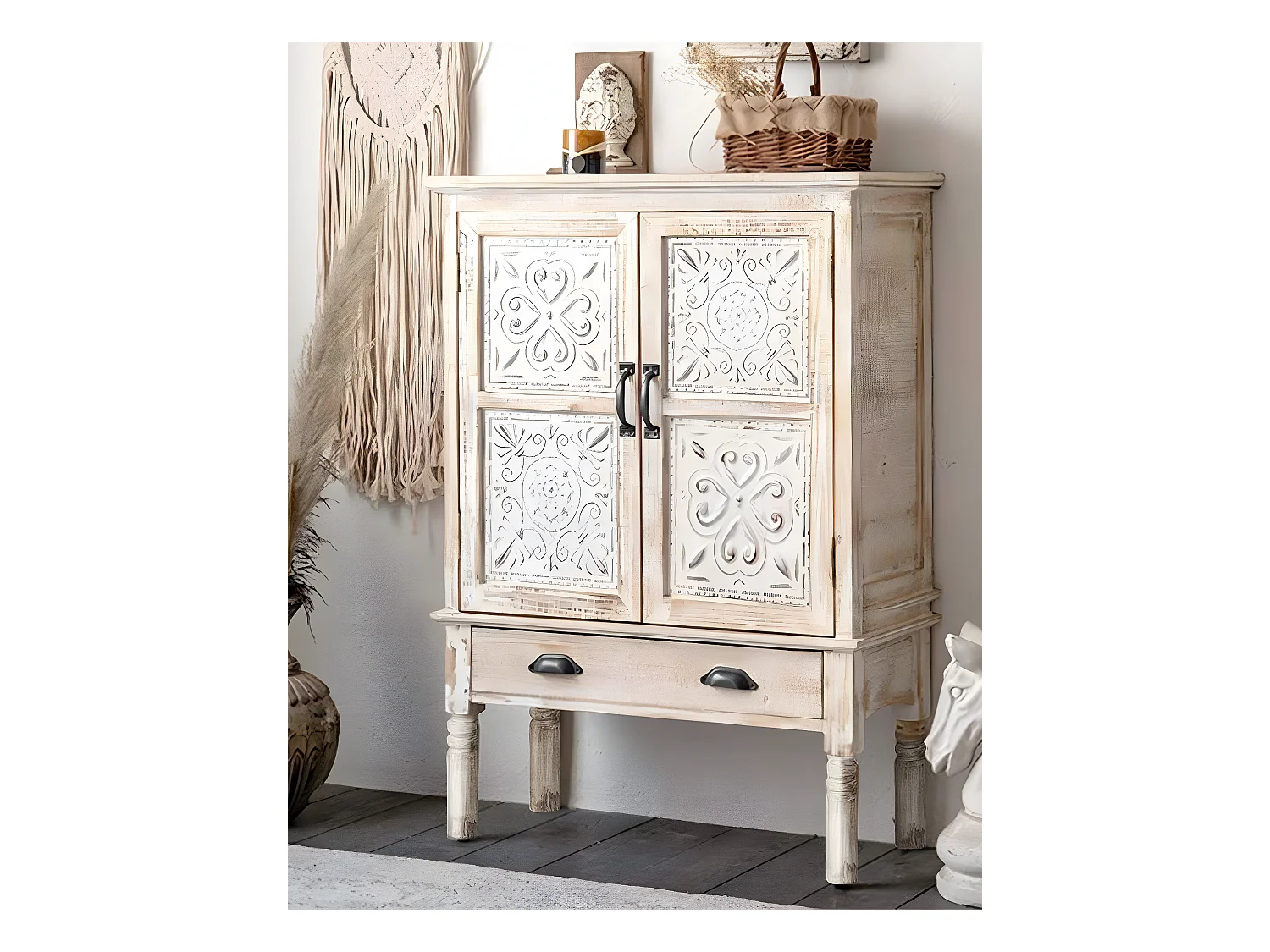 Mala - Buffet haut 2 portes en bois de manguier massif sculpté 85 cm