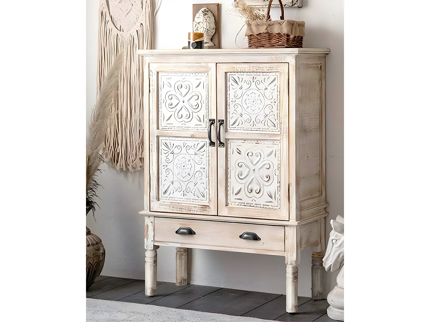 Mala - Buffet haut 2 portes en bois de manguier massif sculpté 85 cm