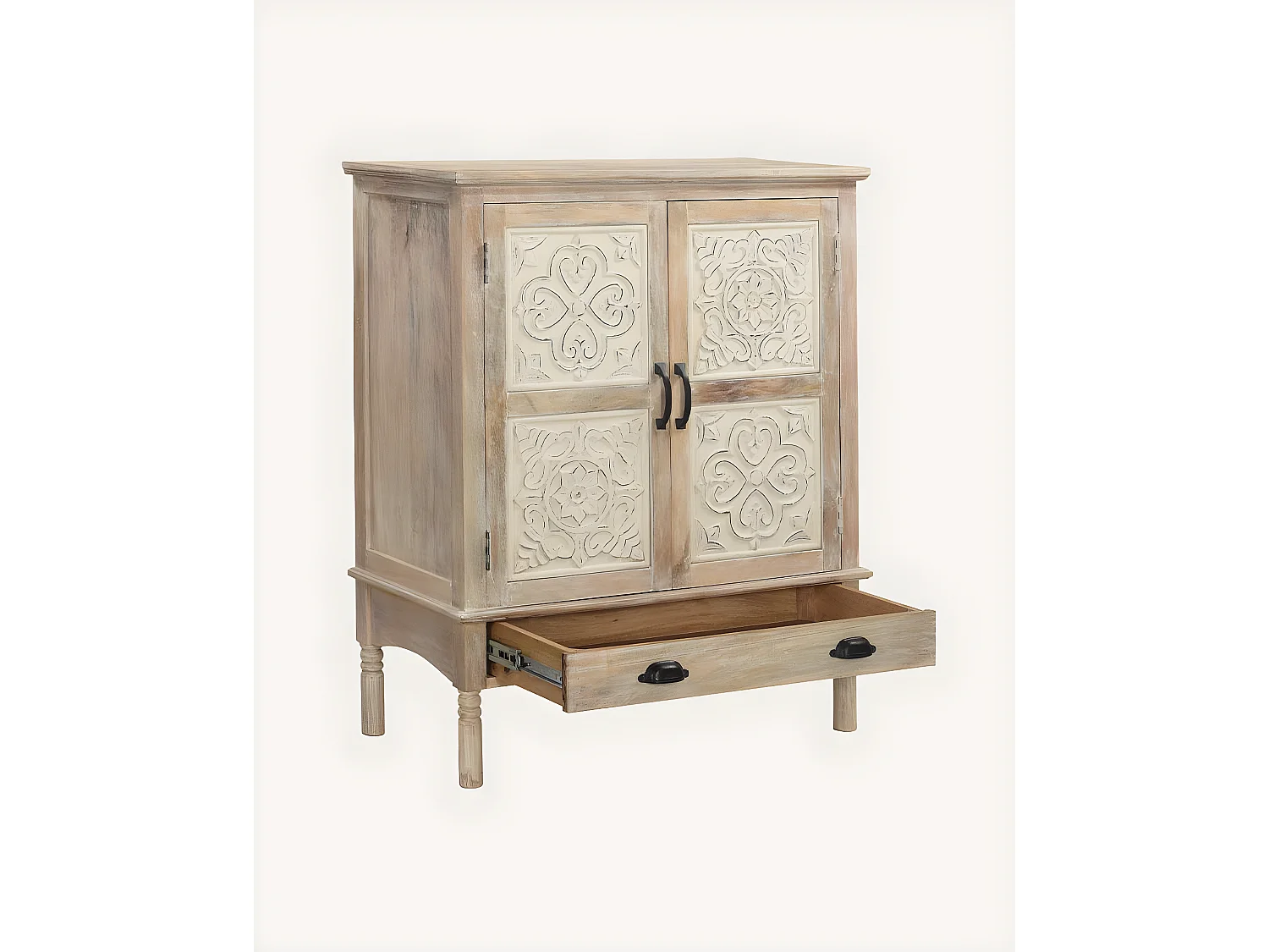 Mala - Buffet haut 2 portes en bois de manguier massif sculpté 85 cm