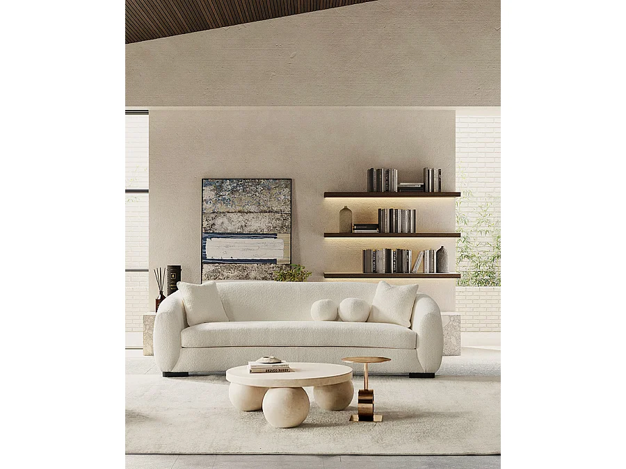 Curve - Canapé arrondi 3 places en tissu bouclé cream