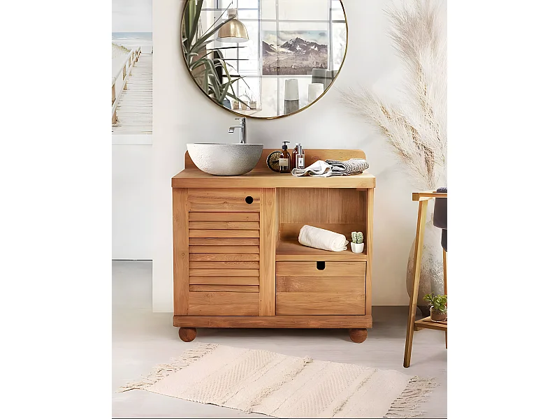 Eclipse - Meuble salle de bain en teck porte persienne 90 cm