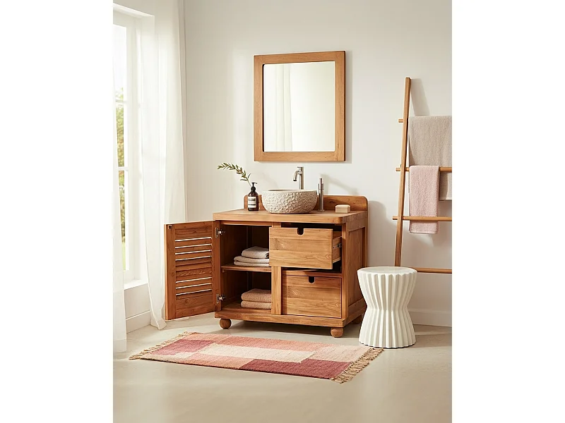 Eclipse - Meuble salle de bain en teck porte persienne 90 cm