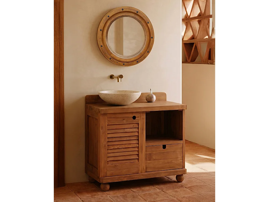 Eclipse - Meuble salle de bain en teck porte persienne 90 cm